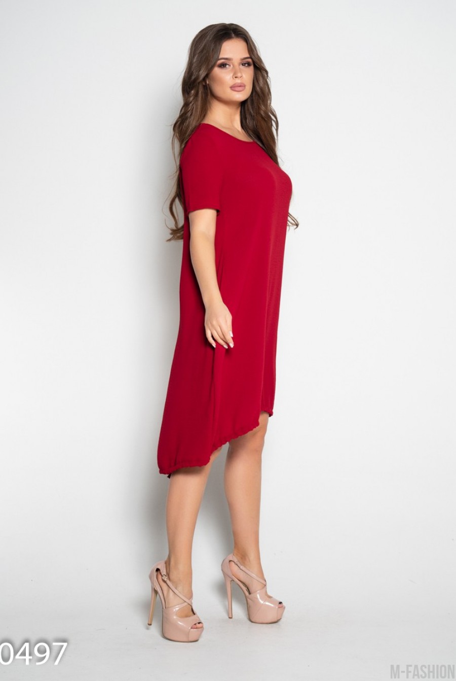 Бордовое свободное платье с короткими рукавами- Фото 3