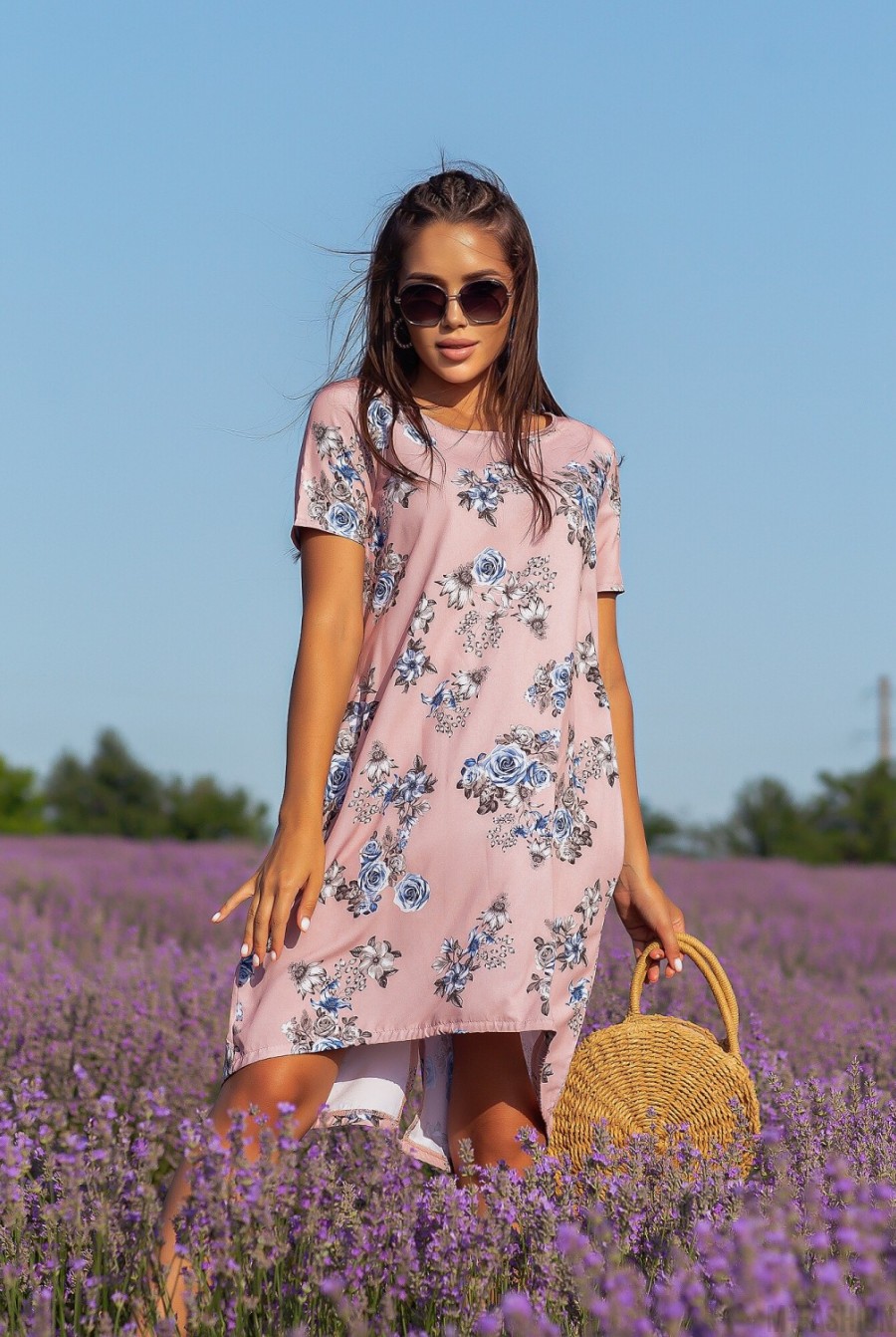 Розовое асимметричное платье с цветочным принтом- Фото 2