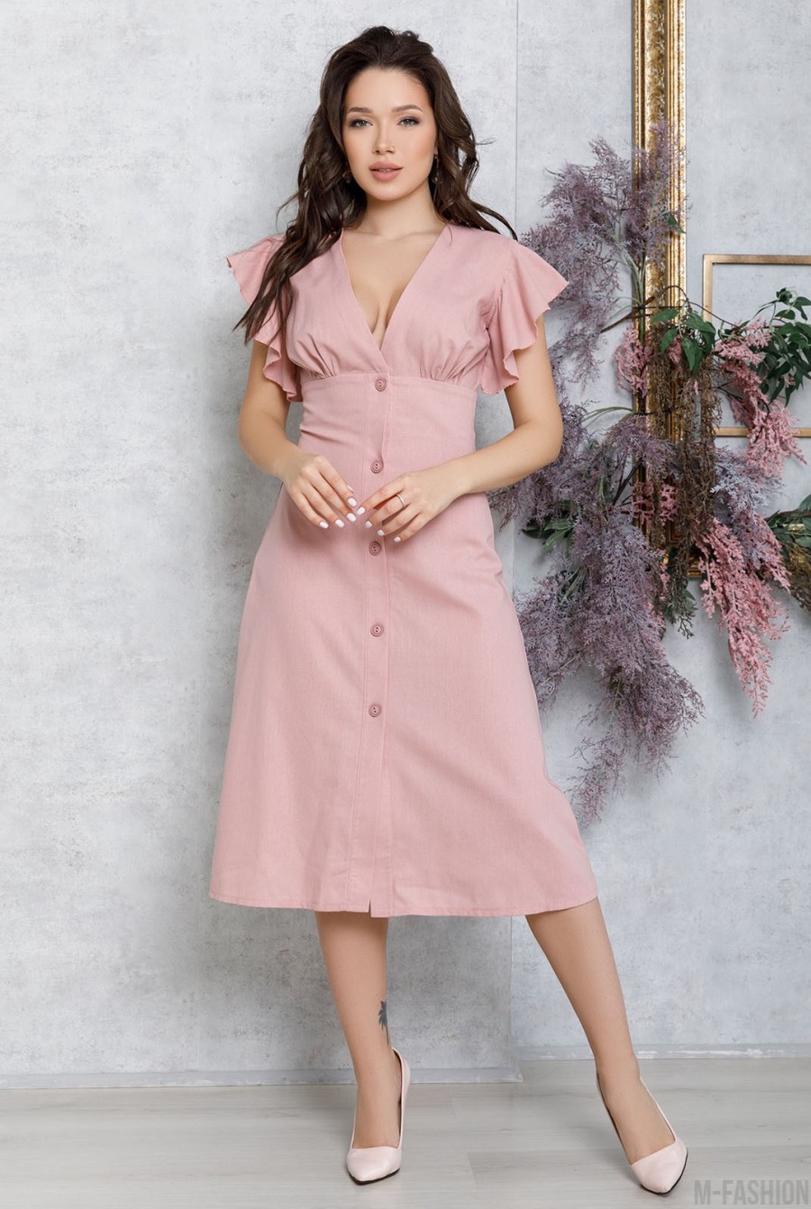 Розовое коттоновое платье на пуговицах - Фото 1