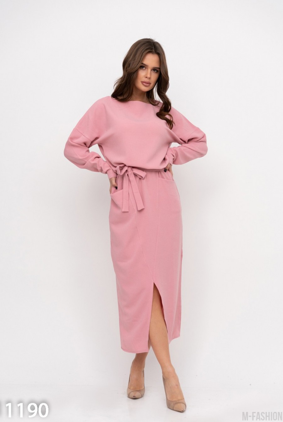 Розовое платье с карманами и геометрическим кроем- Фото 3