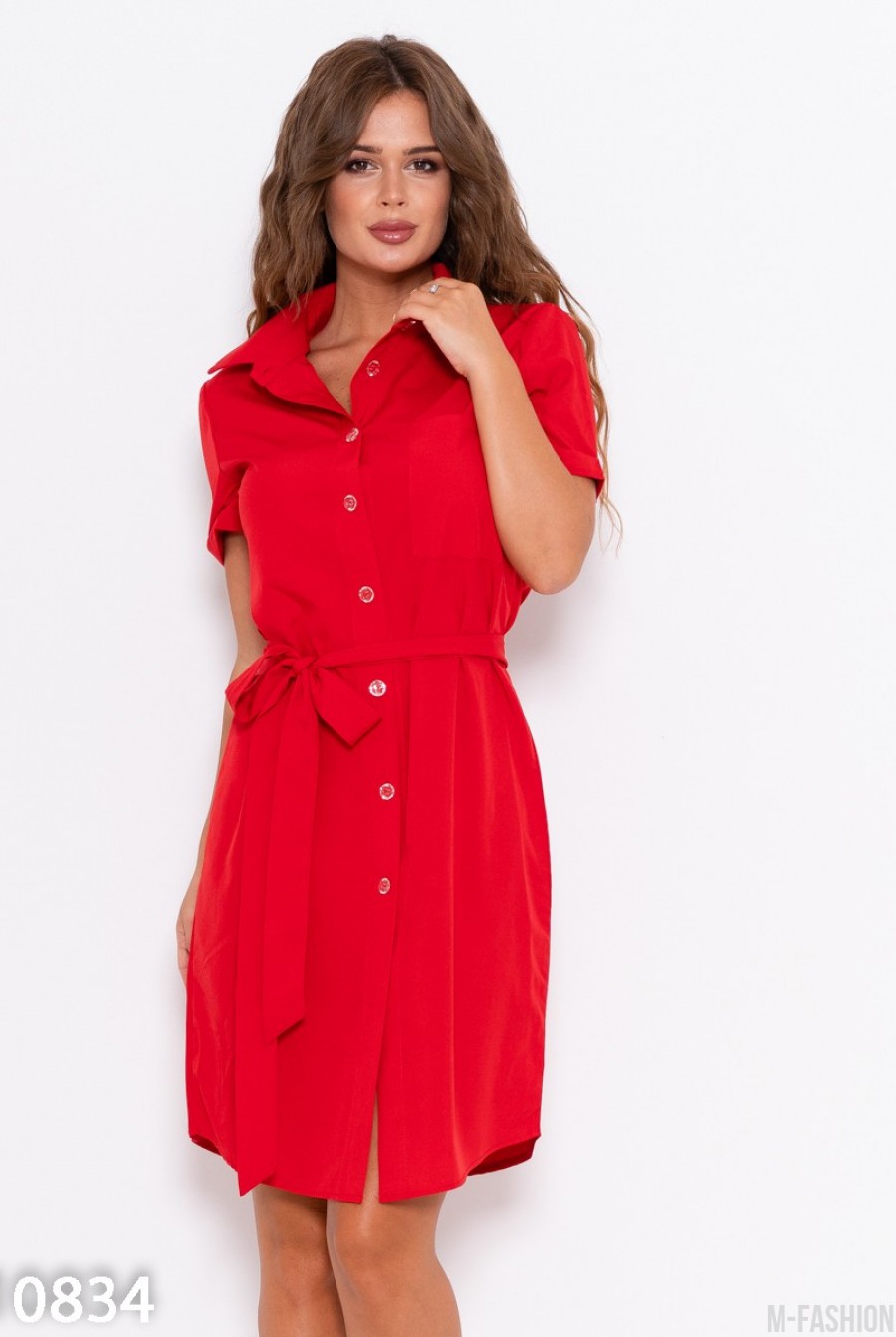 Красное платье-рубашка с поясом и карманом - Фото 1