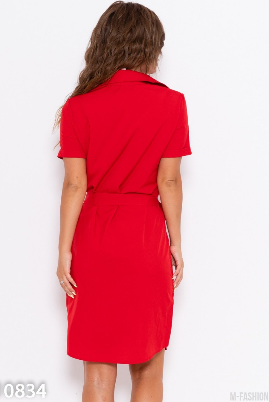 Красное платье-рубашка с поясом и карманом- Фото 3