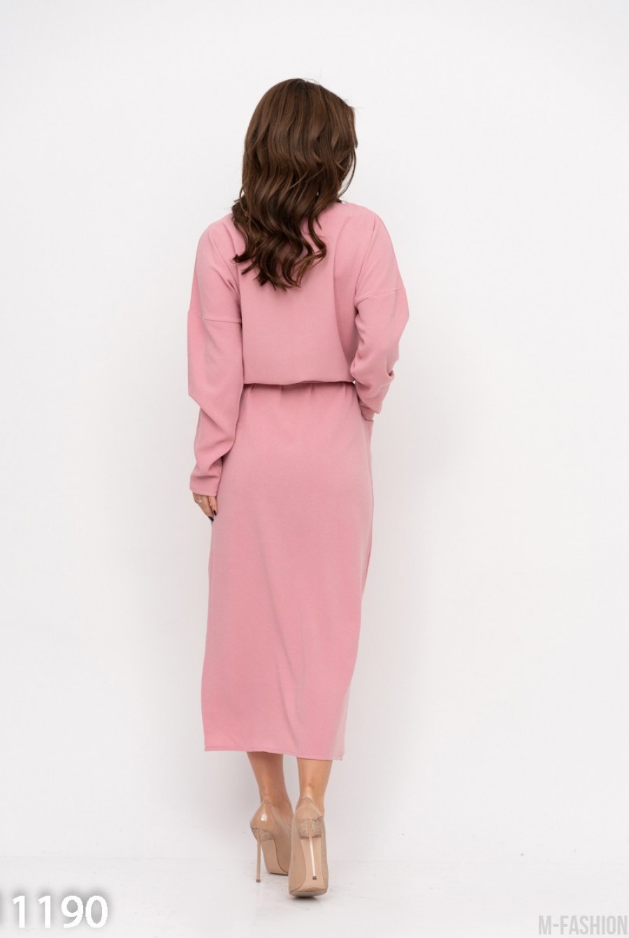 Розовое платье с карманами и геометрическим кроем- Фото 5