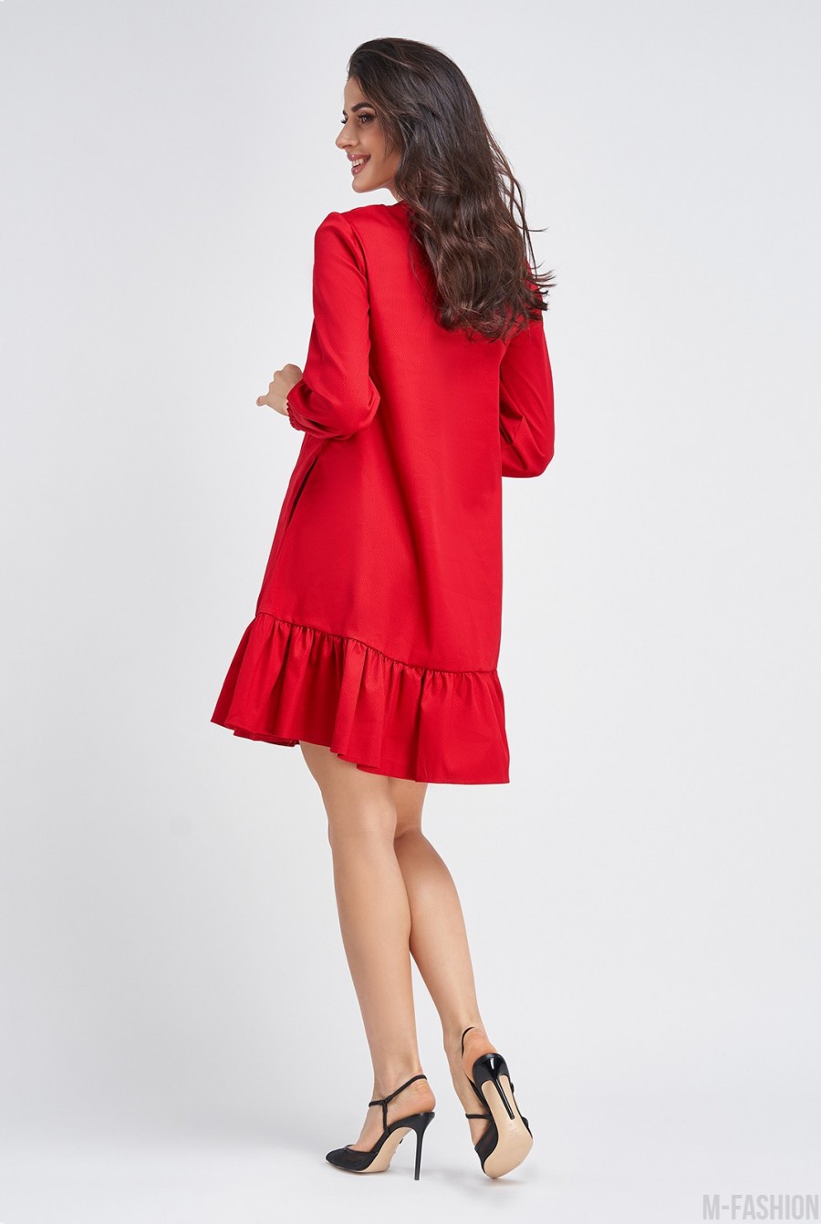 Красное платье-трапеция с воланом- Фото 5