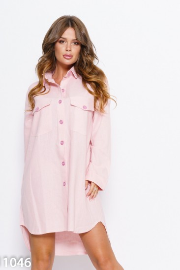 Розовое асимметричное платье-рубашка с карманами