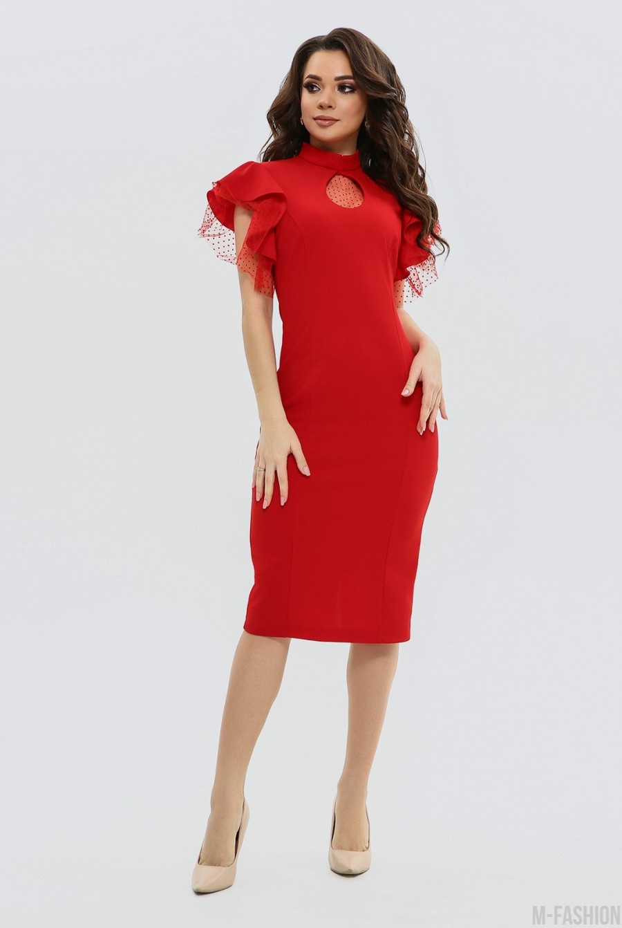 Красное нарядное платье-карандаш с воланами- Фото 3