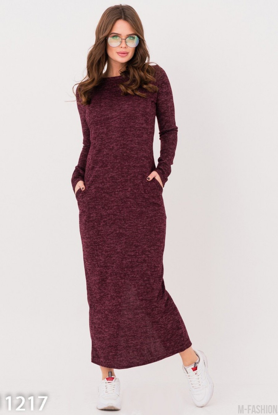 Бордовое ангоровое длинное платье с карманами- Фото 3