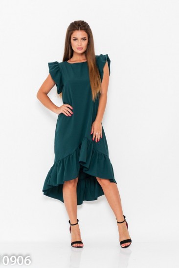 Темно-зеленое асимметричное платье с воланами
