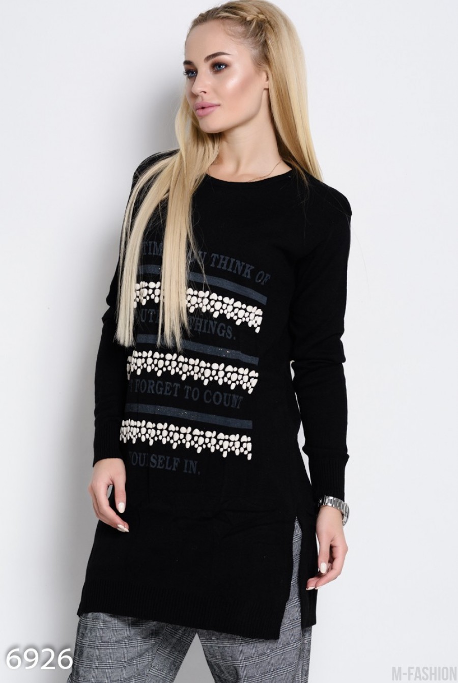 Черное платье-свитер из тонкой шерсти с декором спереди- Фото 5