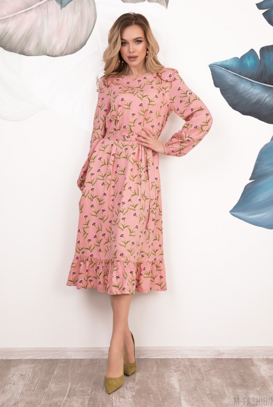 Розовое принтованное платье свободного кроя - Фото 1