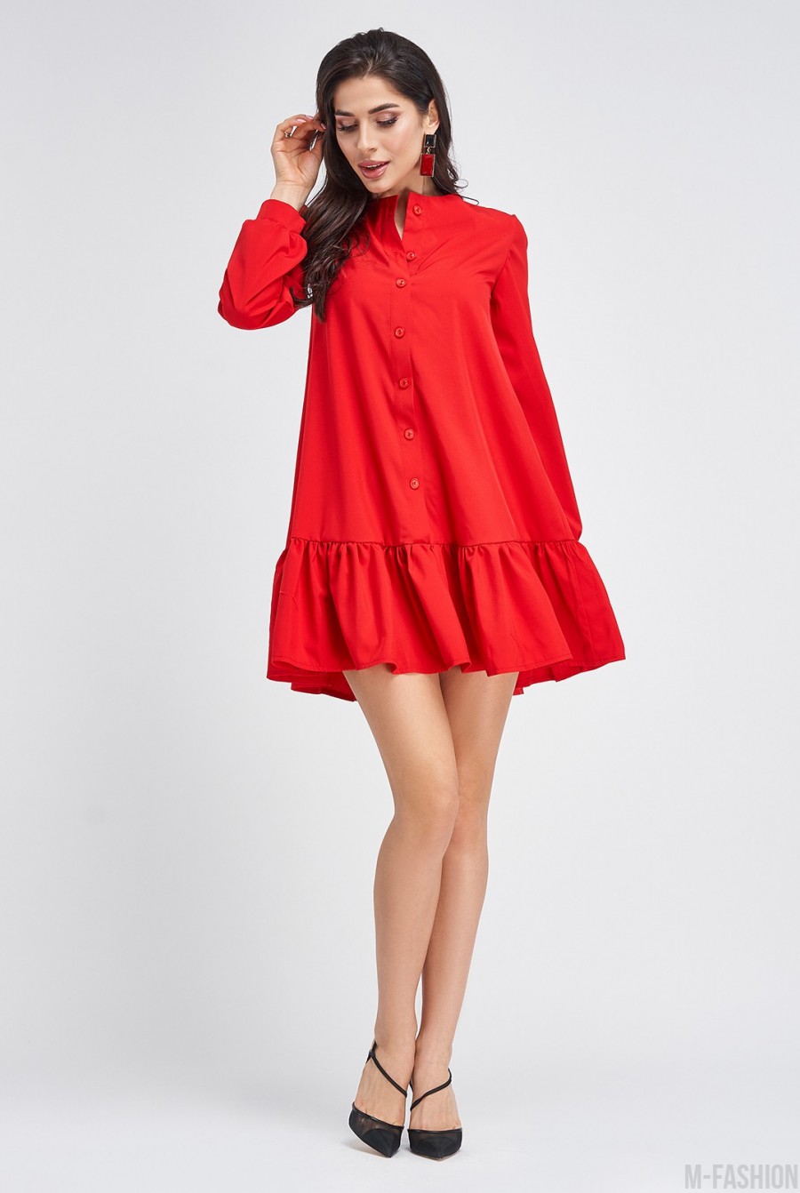 Красное расклешенное платье с планкой на пуговицах - Фото 1
