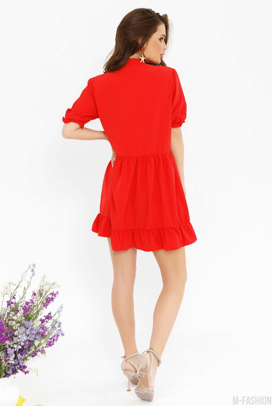 Красное платье-трапеция с рюшами и воланами- Фото 3