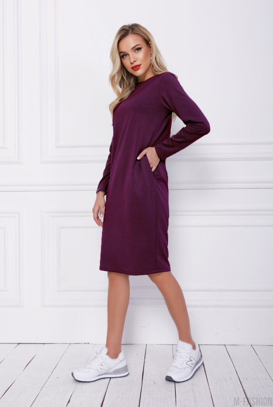 Фиолетовое трикотажное классическое платье- Фото 2