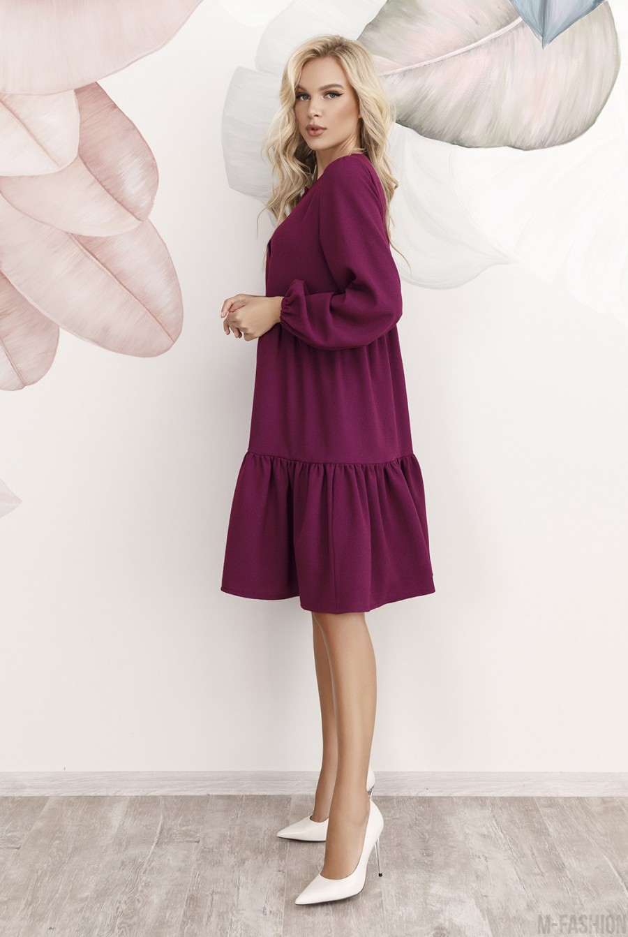Фиолетовое платье-трапеция с воланами- Фото 2