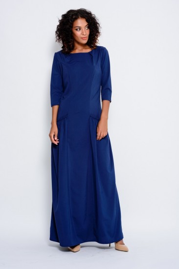 Темно-синее длинное платье из софта с карманами и встречными складками на горловине