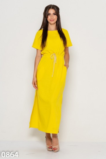 Желтое льняное платье с кулиской на талии