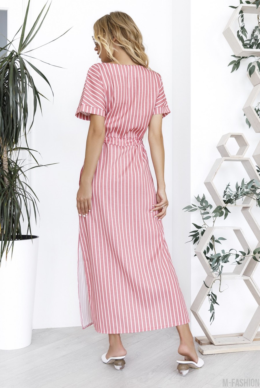 Розовое полосатое коттоновое платье на кулиске- Фото 3