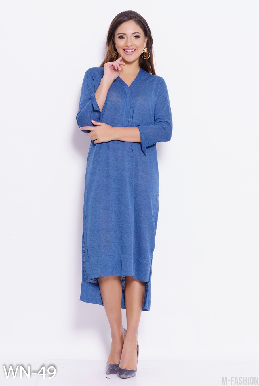 Синее трикотажное тонкое асимметричное платье с планкой - Фото 1