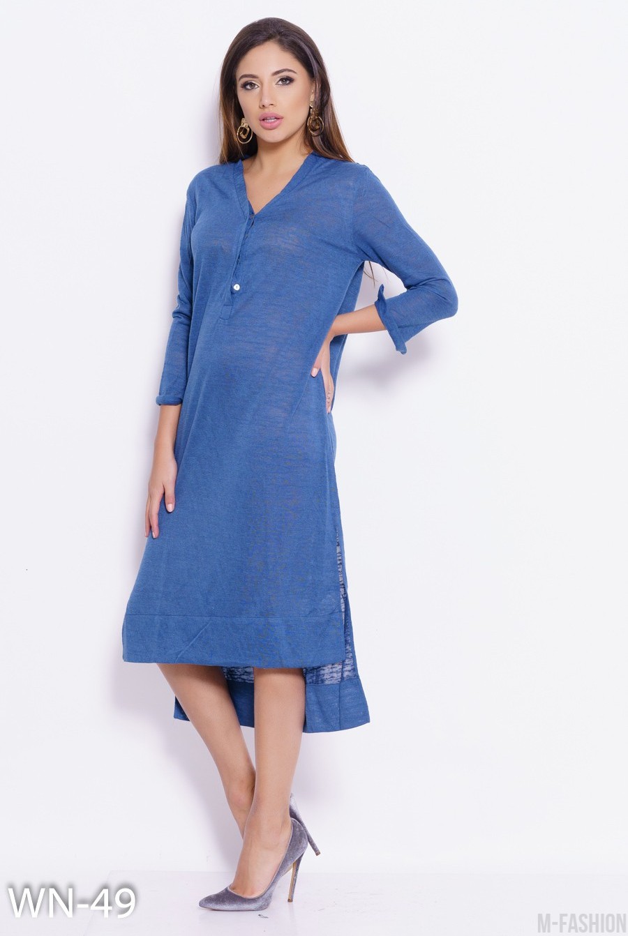 Синее трикотажное тонкое асимметричное платье с планкой- Фото 2