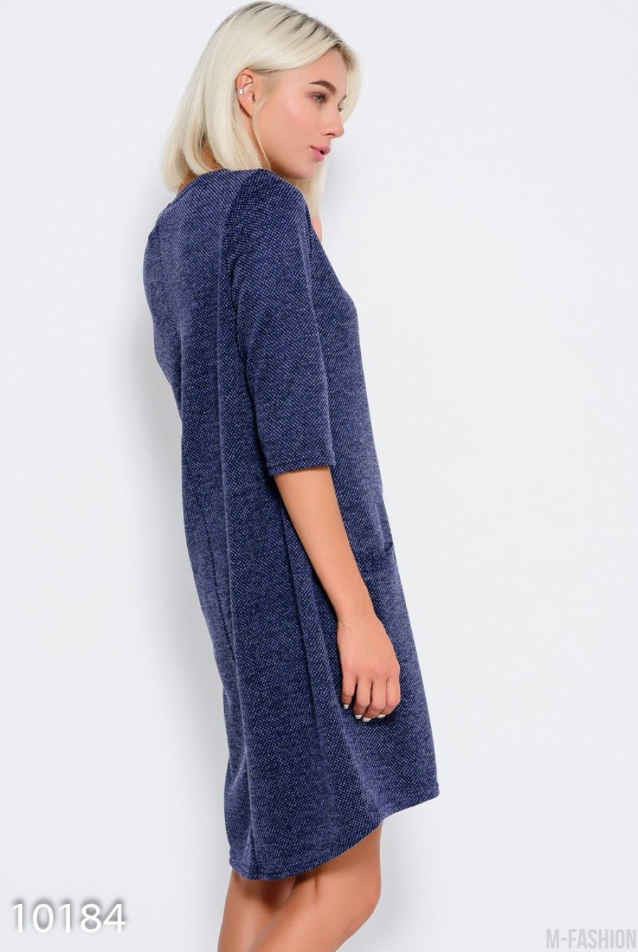 Синее асимметричное платье прямого кроя с карманами- Фото 2