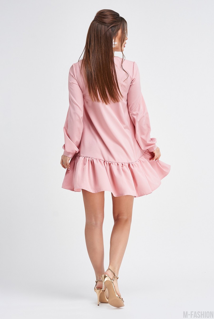 Розовое расклешенное платье с планкой на пуговицах- Фото 3