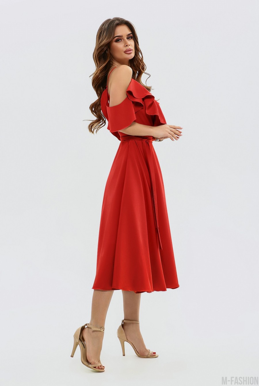 Красное платье на запах с воланами- Фото 3