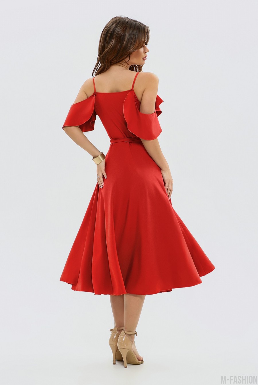 Красное платье на запах с воланами- Фото 5
