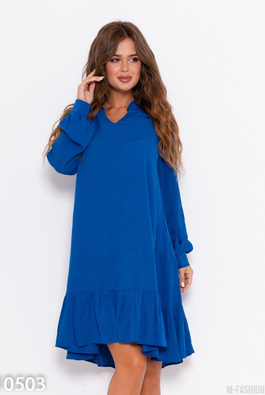 Синее крепдешиновое платье с воланом - Фото 1
