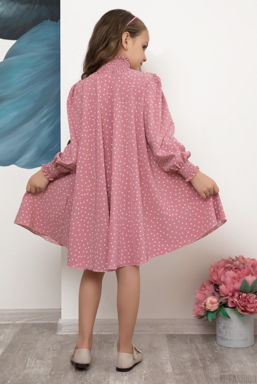 Розовое в горошек свободное платье-трапеция- Фото 3