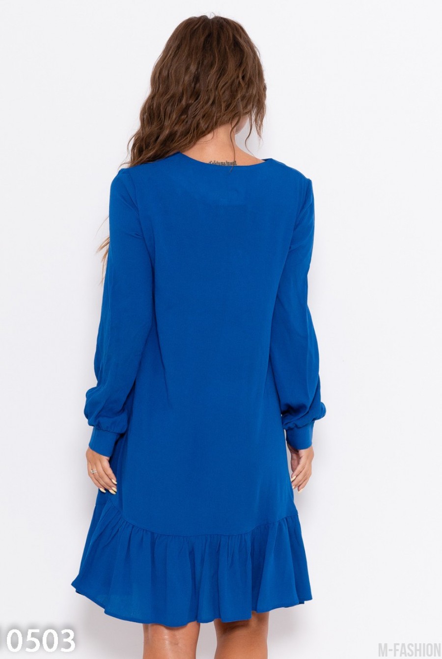Синее крепдешиновое платье с воланом- Фото 5