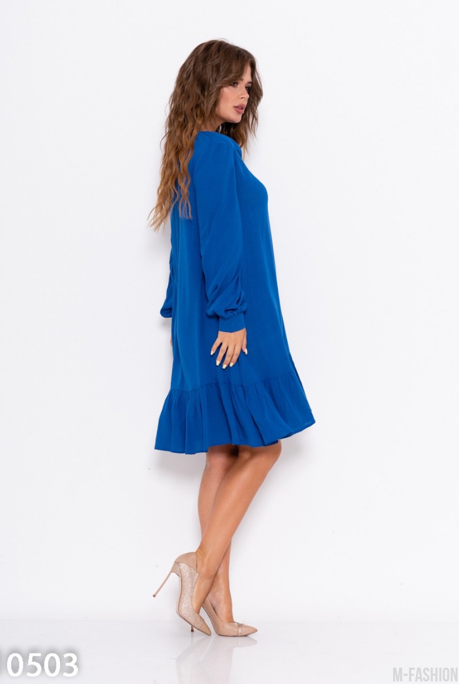 Синее крепдешиновое платье с воланом- Фото 3