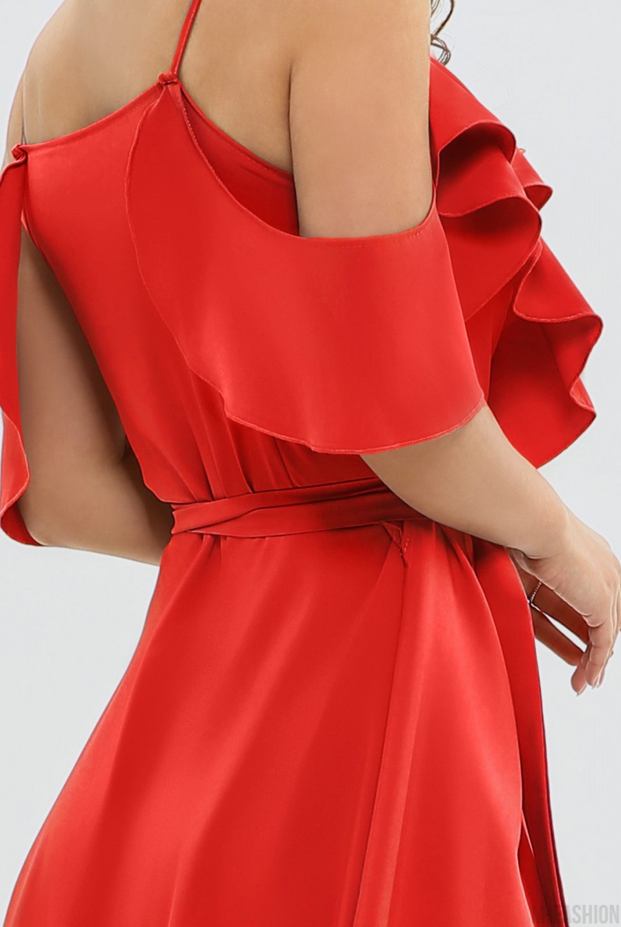 Красное платье на запах с воланами- Фото 7