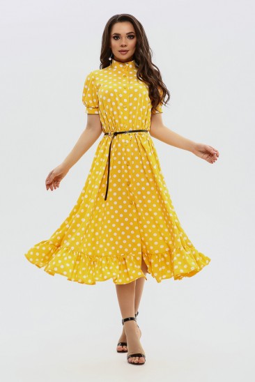 Желтое расклешенное платье на кулиске