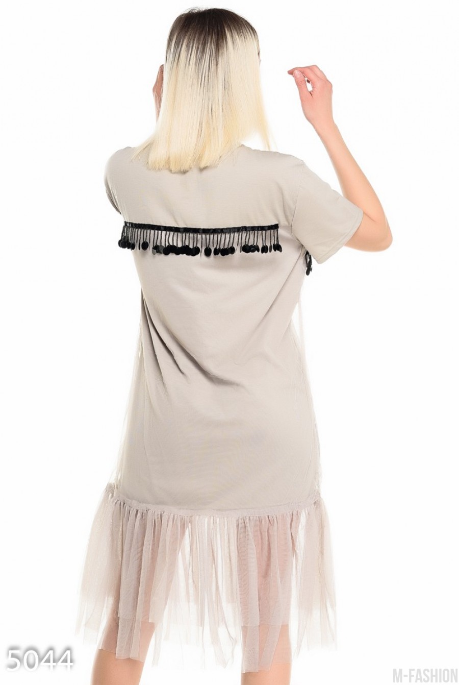 Серое платье-футболка с фатиновым подолом- Фото 3