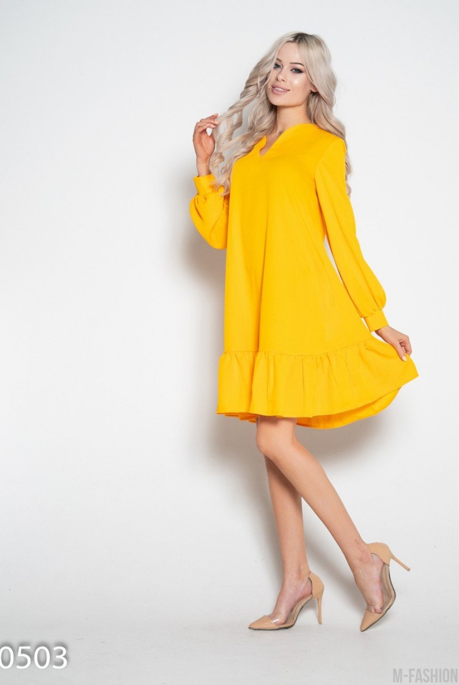 Желтое крепдешиновое платье с воланом- Фото 2