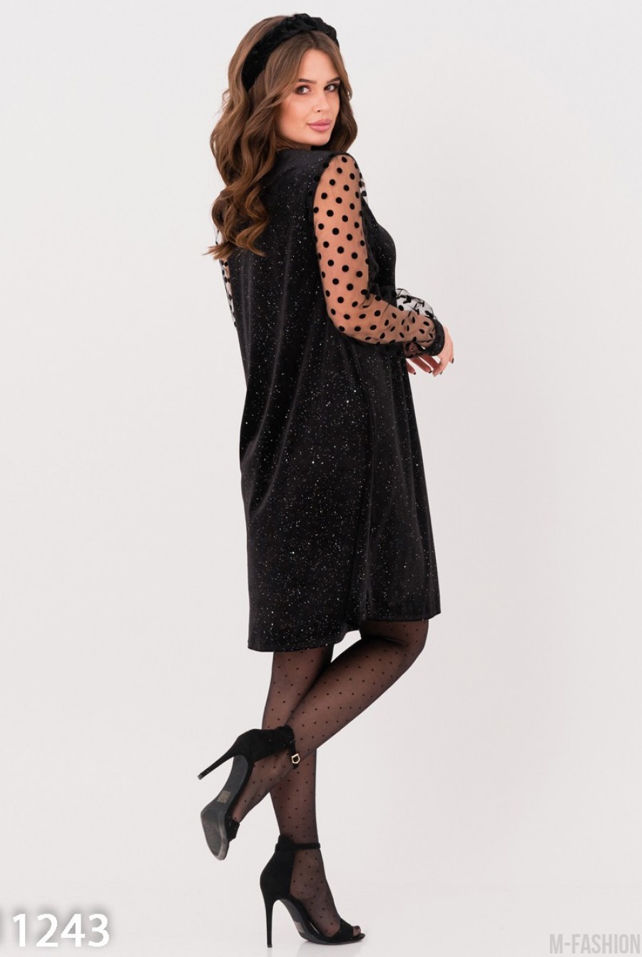 Черное велюровое платье с прозрачными рукавами- Фото 2