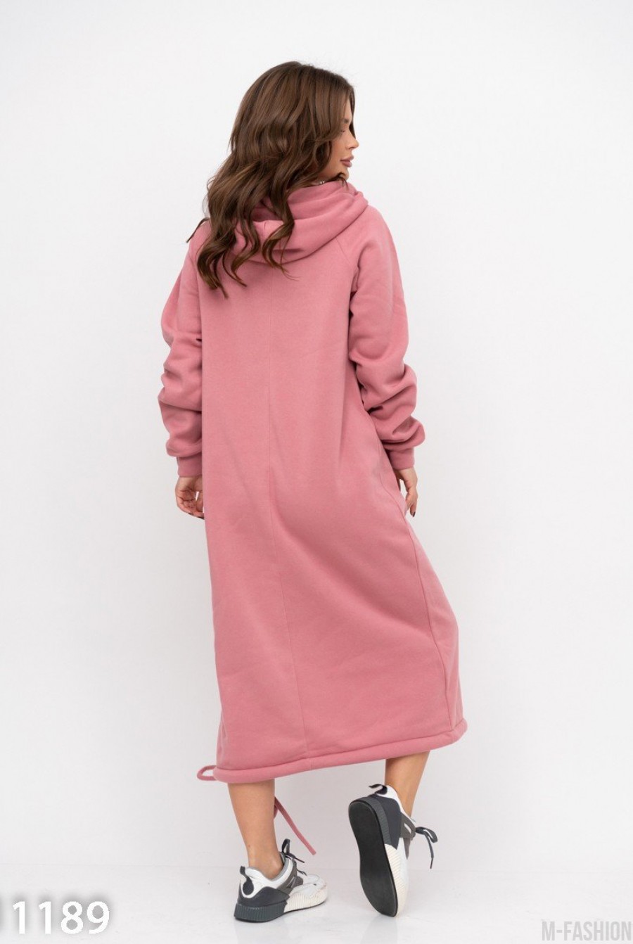 Розовое теплое платье с капюшоном и кулиской- Фото 3