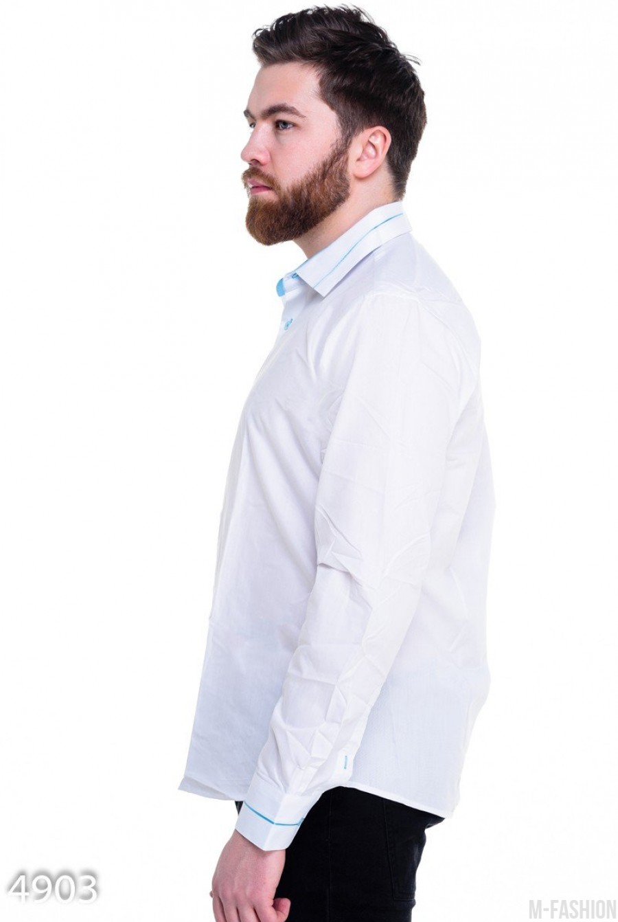 Белая мужская классическая рубашка с тонкой голубой отделкой- Фото 2