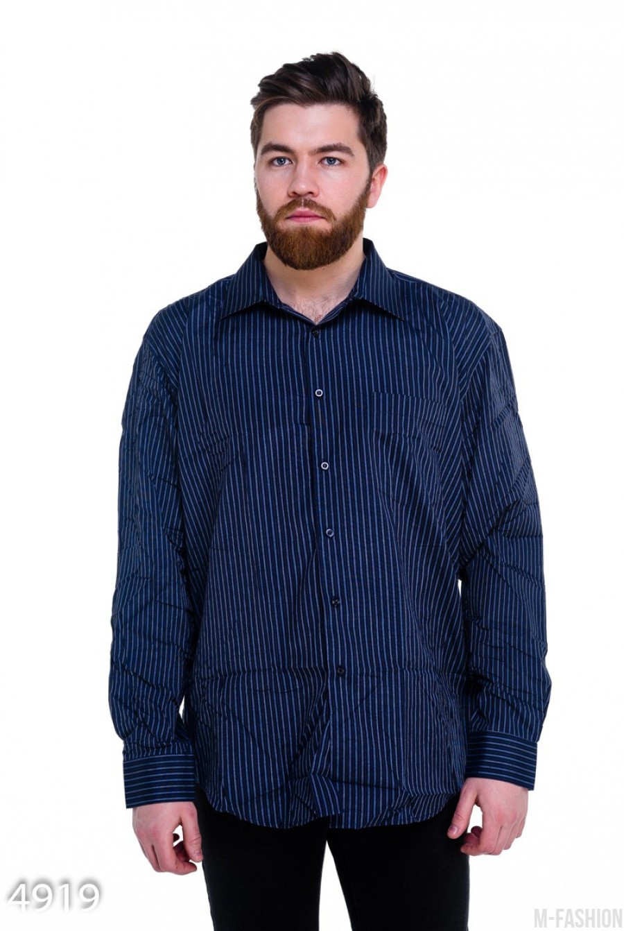 Синяя мужская рубашка в белую тонкую полосу - Фото 1