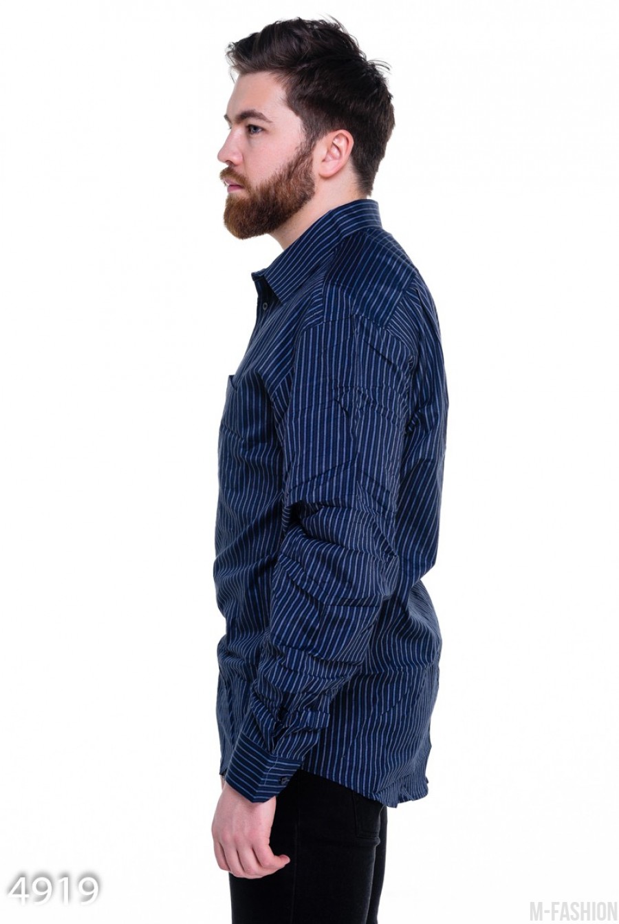 Синяя мужская рубашка в белую тонкую полосу- Фото 2