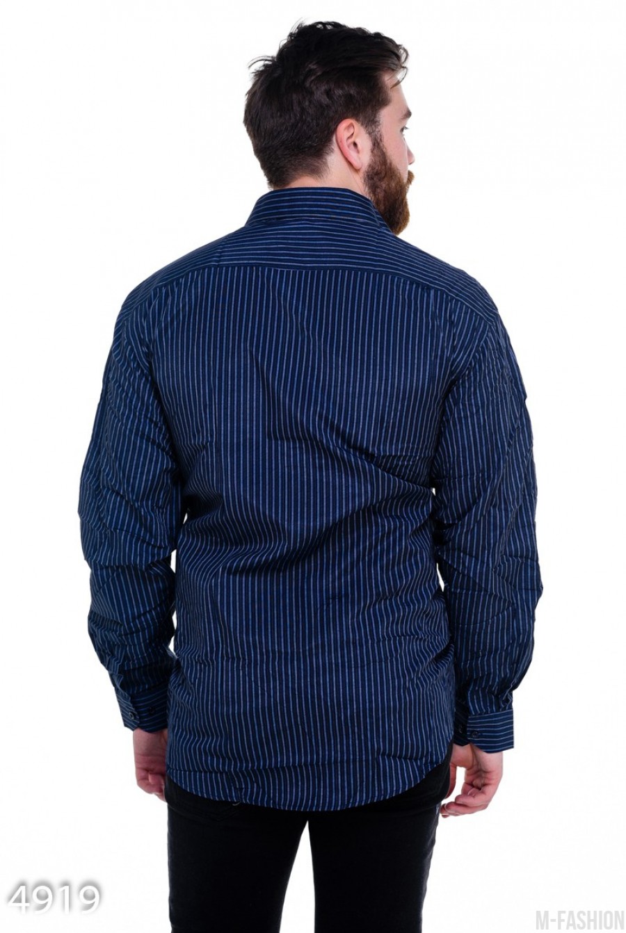 Синяя мужская рубашка в белую тонкую полосу- Фото 3