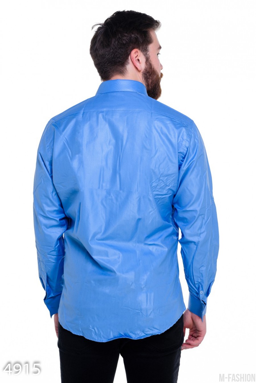 Синяя мужская рубашка из полированного хлопка- Фото 4