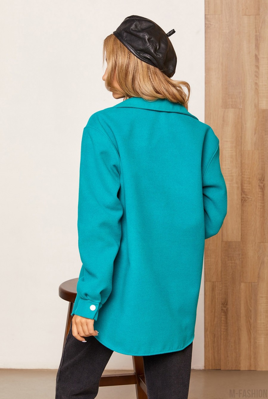 Зеленое шерстяное пальто-рубашка на кнопках- Фото 3