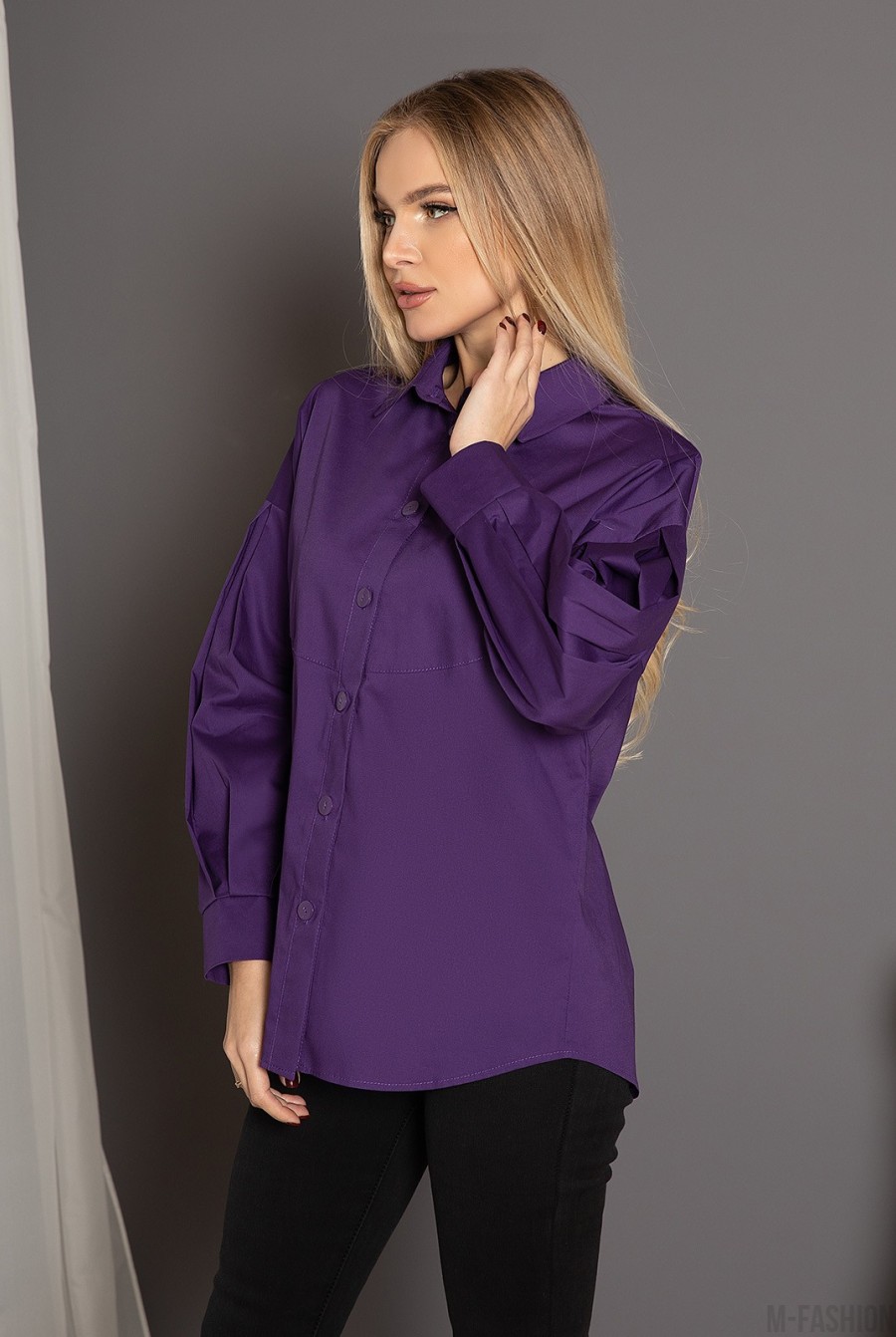 Фиолетовая хлопковая рубашка с присборенными рукавами- Фото 2