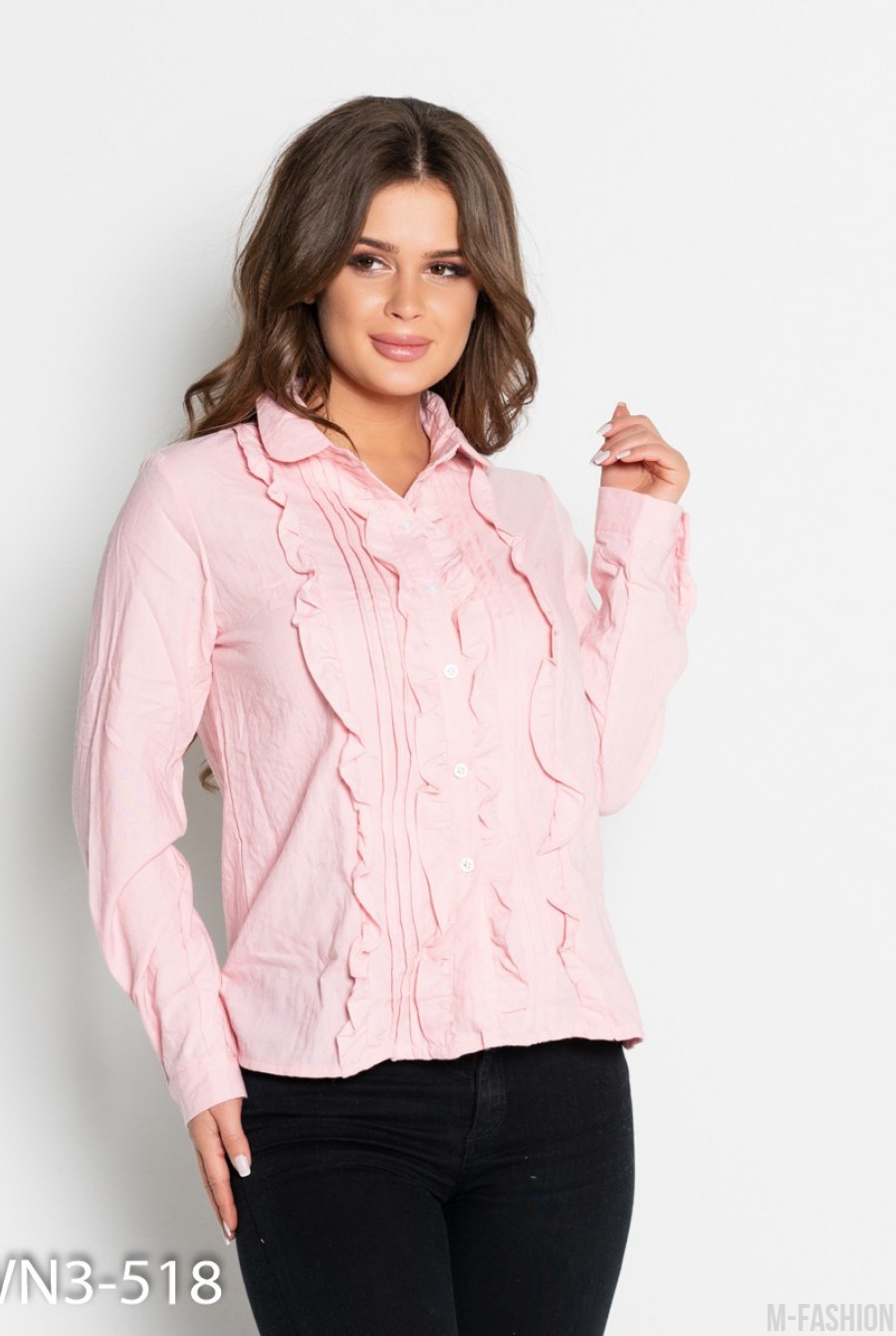 Розовая коттоновая рубашка с рюшами и плиссировкой - Фото 1