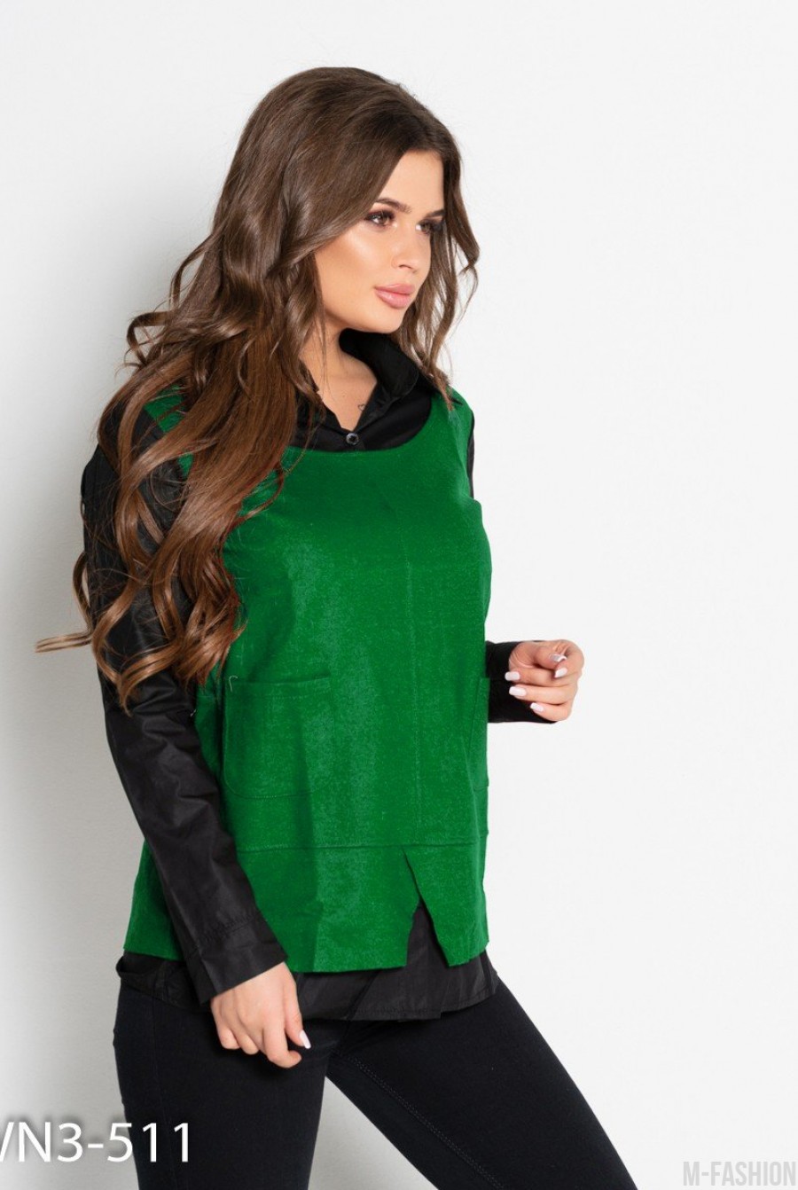Черно-зеленая рубашка с длинными рукавами- Фото 2