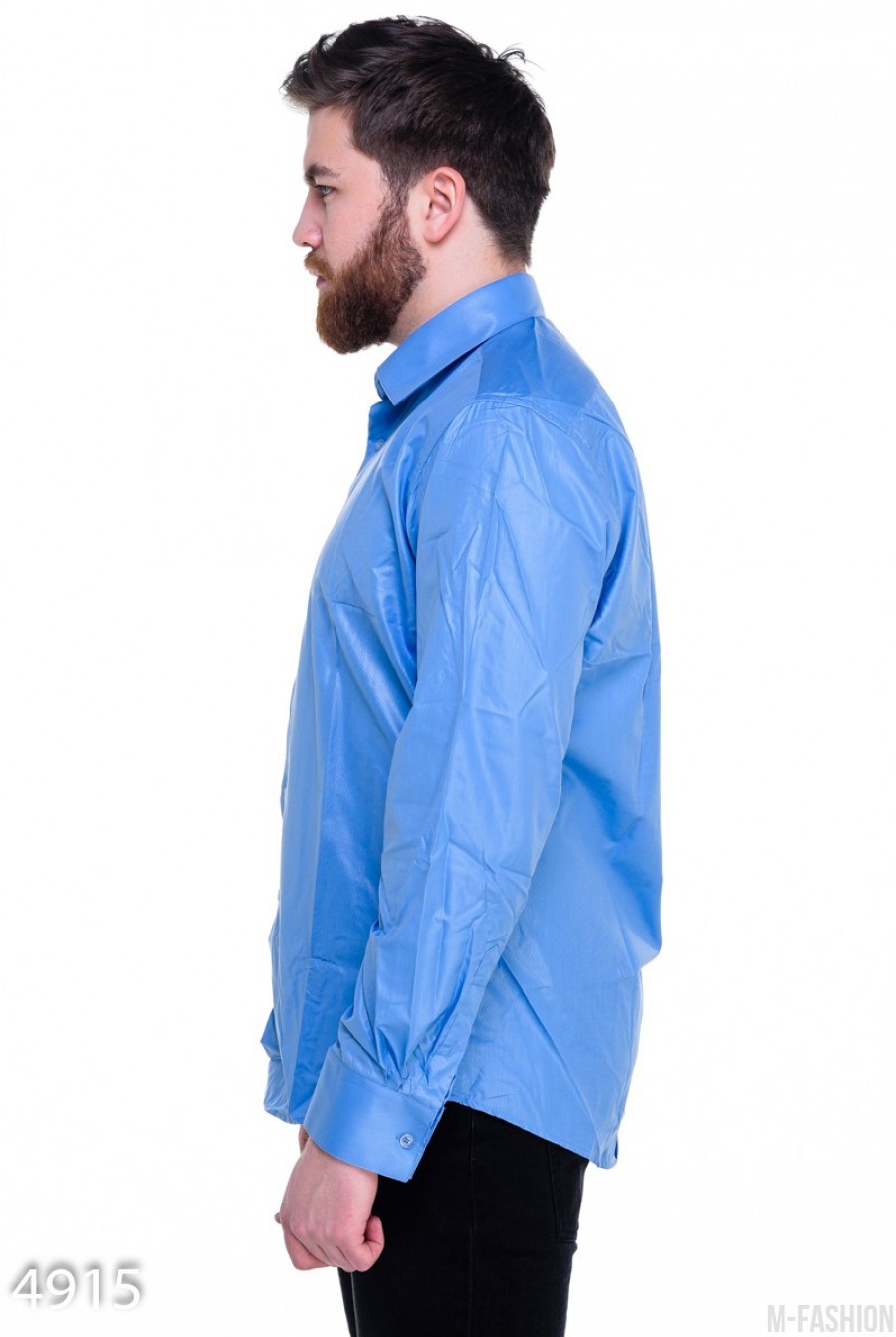 Синяя мужская рубашка из полированного хлопка- Фото 2