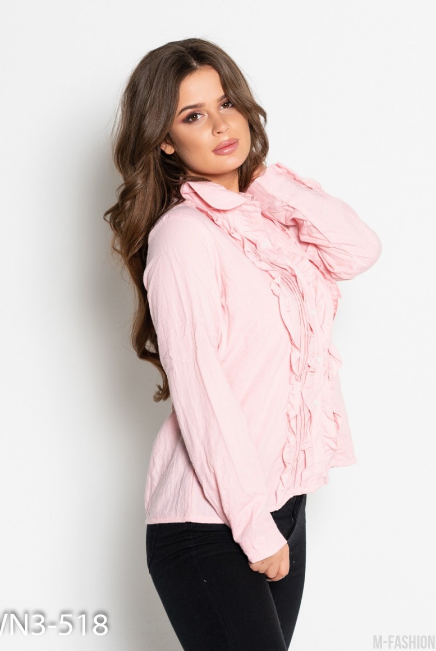 Розовая коттоновая рубашка с рюшами и плиссировкой- Фото 2