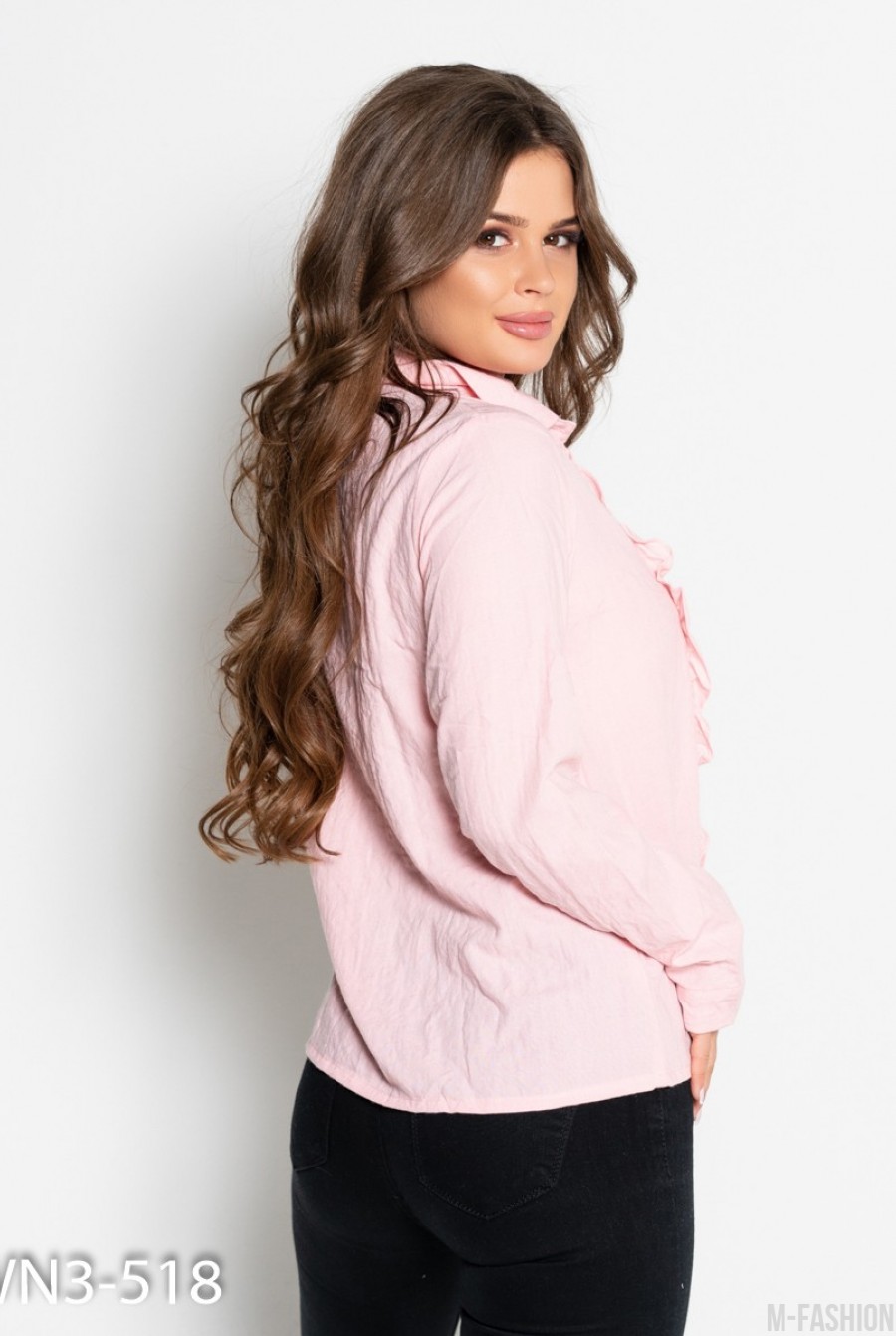 Розовая коттоновая рубашка с рюшами и плиссировкой- Фото 3