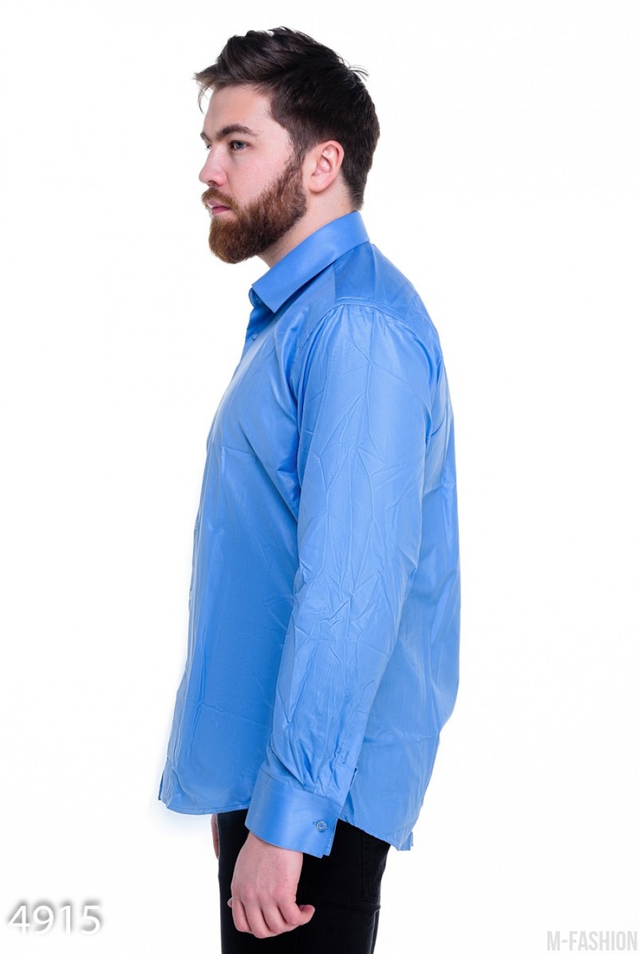 Голубая мужская рубашка из полированного хлопка- Фото 3